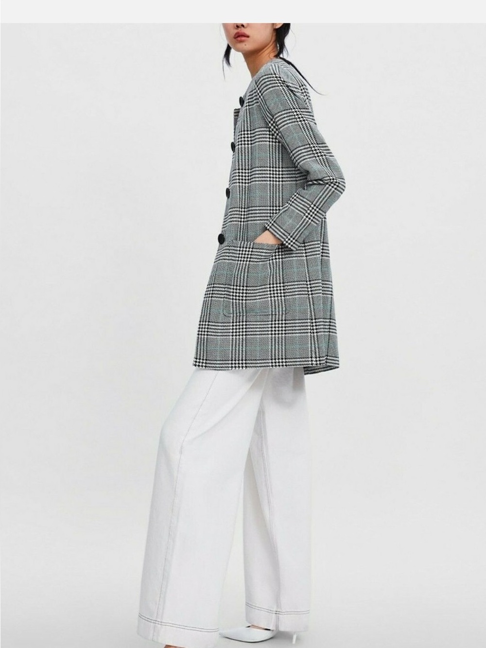 ZARA BLACK/ECRU/GREEN HOUNDSTOOTH COAT WITH ROUND NECK SIZE M - Picture 4 of 7